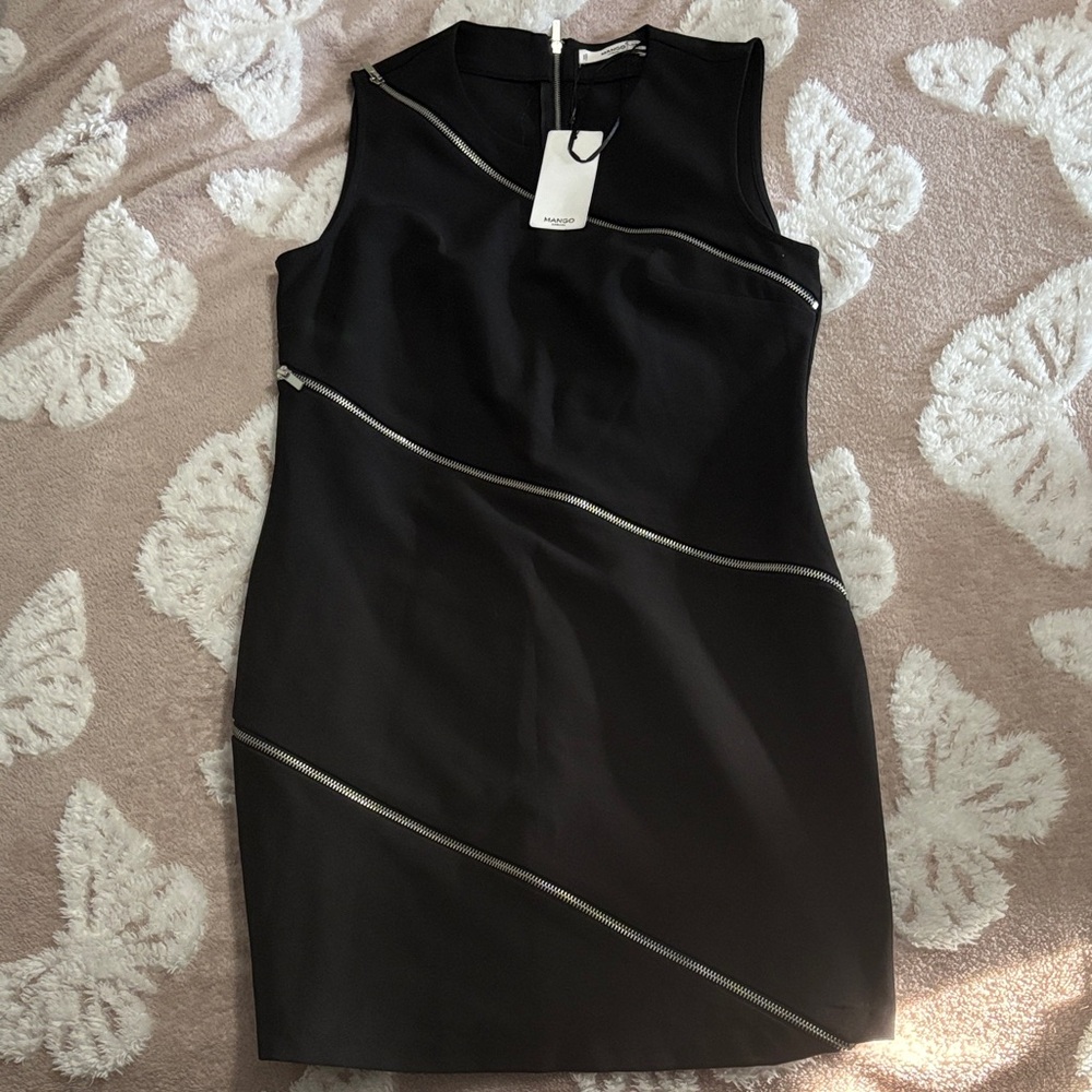 Mango Black Mini Dress with Silver Zipper Detail